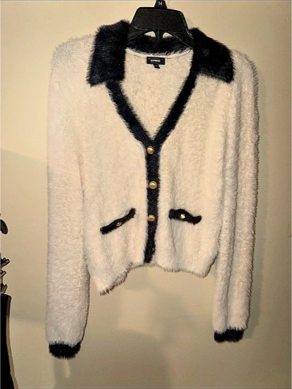 Express Fuzzy Crew Neck Novelty Button Cardigan Fuzzy Cardigan in White & Black